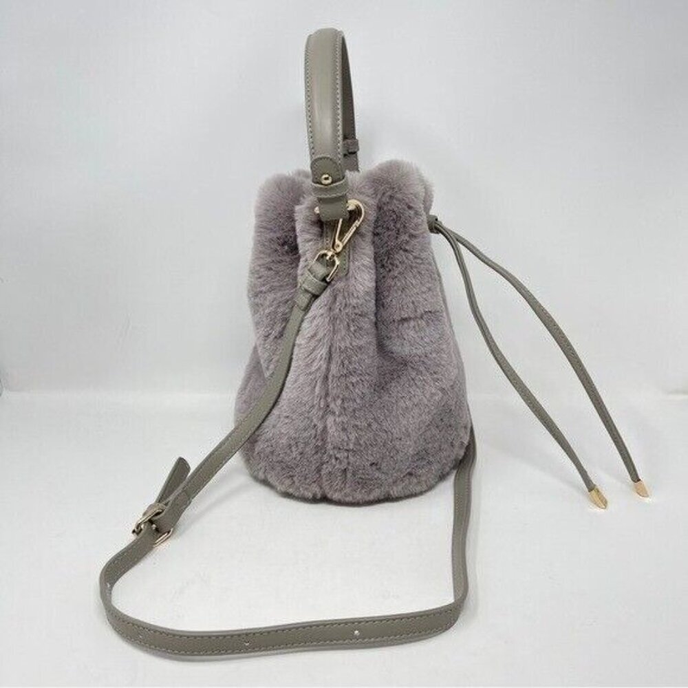 Street Level Plush Faux Fur Grey Bucket Bag Small Crossbody Bag - Picture 7 of 11